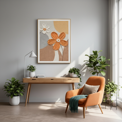 Hand-painted floral oil painting in a Scandinavian home office reading nook