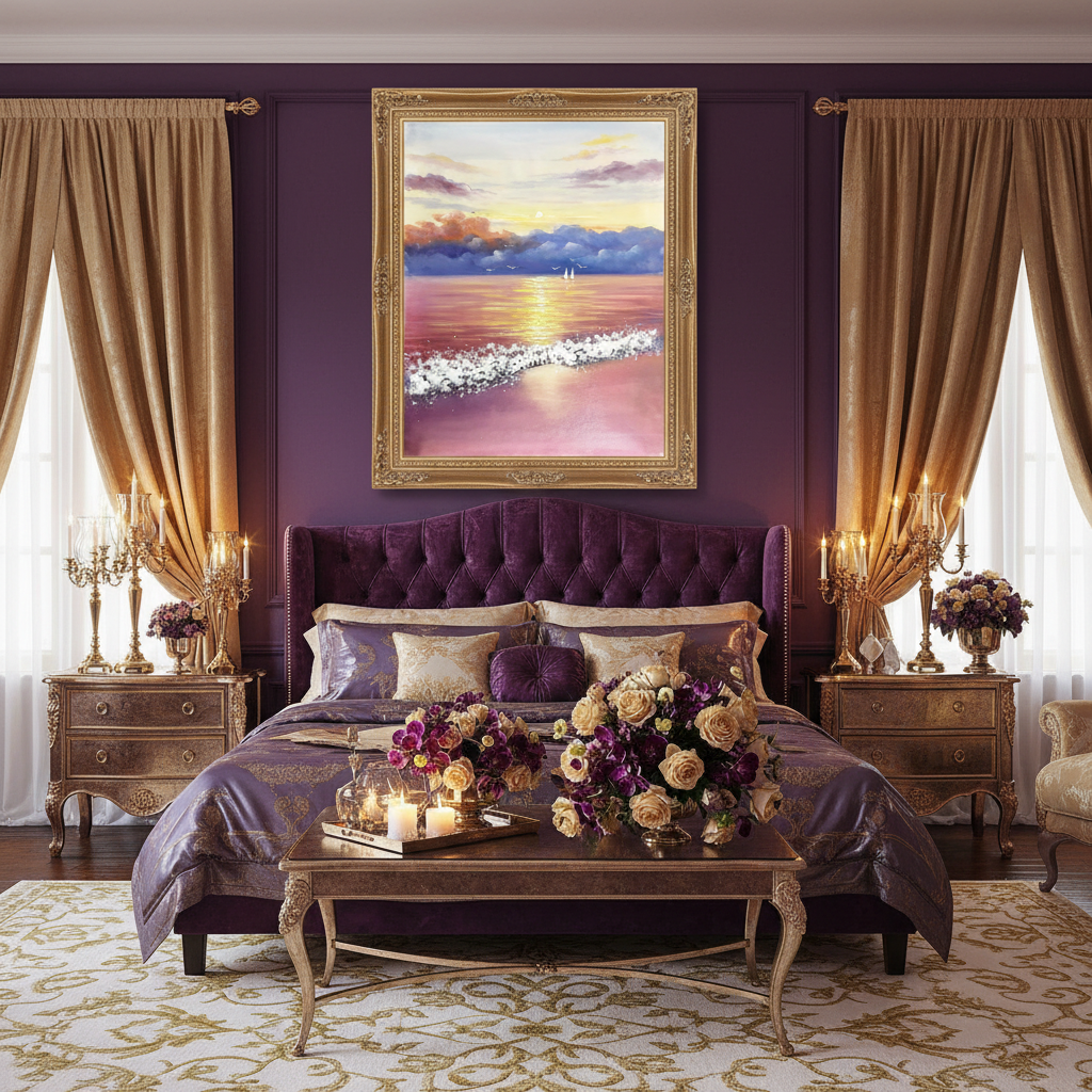 Dramatic sunset seascape oil painting in a romantic purple gold bedroom