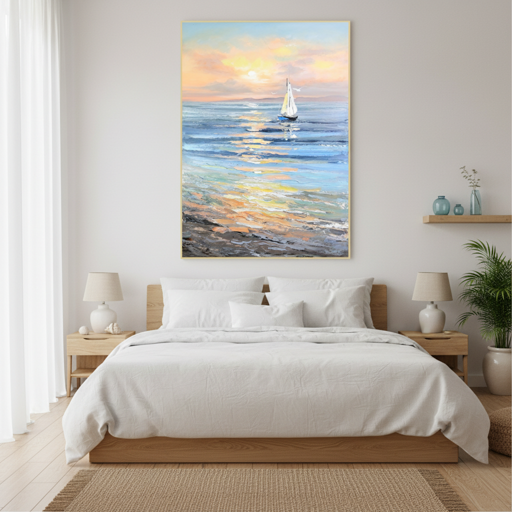 Sunrise sailboat seascape oil painting in a coastal bedroom