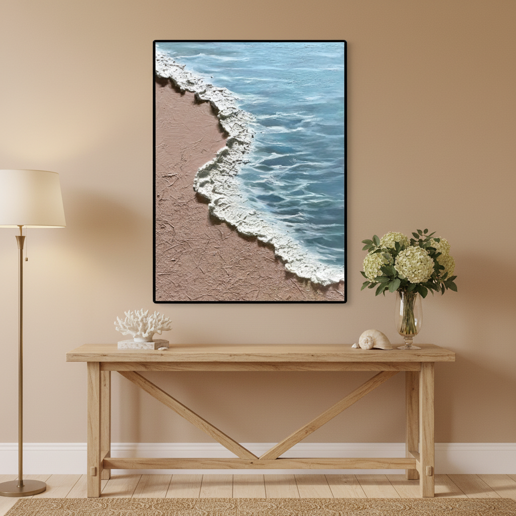 Beach shoreline oil painting in an entryway foyer