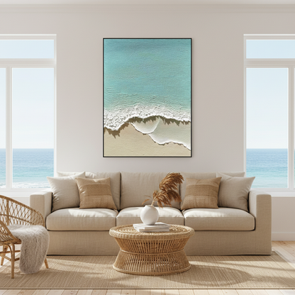 Turquoise ocean oil painting in a coastal living room