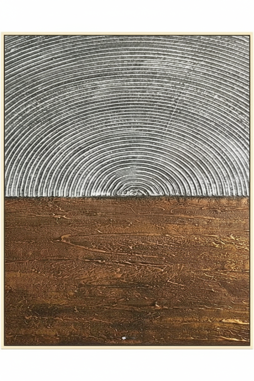 Abstract silver grey concentric arc dome copper brown earth impasto oil painting no frame white background