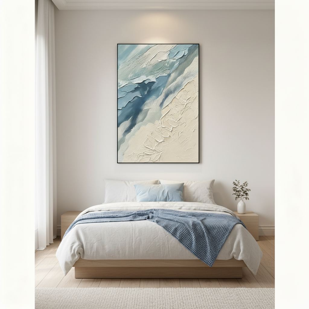 Ocean-inspired abstract oil painting in a serene Scandinavian bedroom