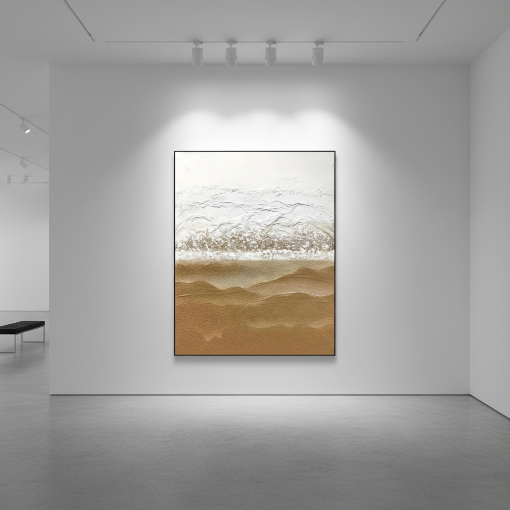 Abstract white sandy gold desert dune oil painting in an art gallery
