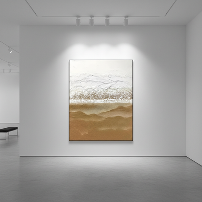 Abstract white sandy gold desert dune oil painting in an art gallery