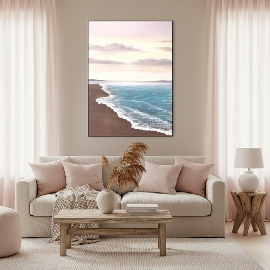 Sunset beach oil painting in a coastal living room