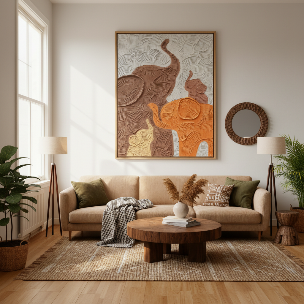 Elephant family oil painting displayed in a warm natural living room