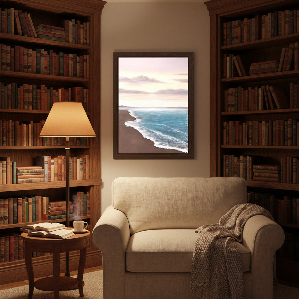 Sunset beach oil painting in a reading nook