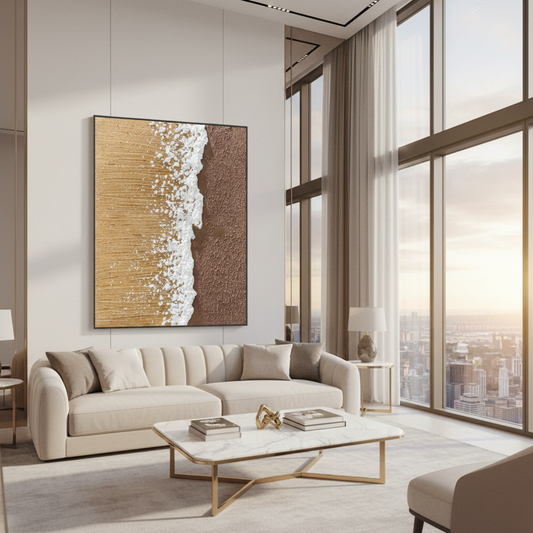 Abstract golden sand white ocean foam beach wave oil painting in a luxury modern living room