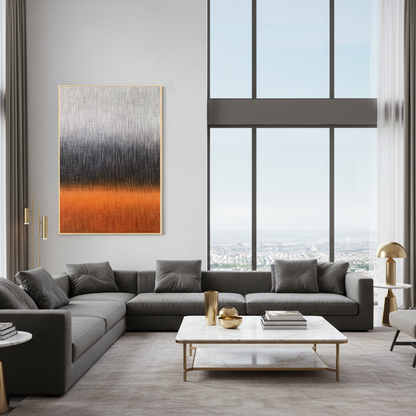 Abstract silver grey orange red storm fire oil painting in a luxury modern living room