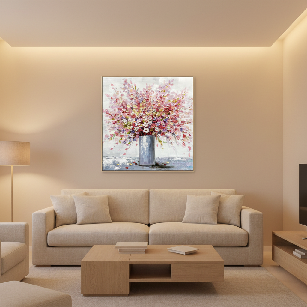 Pink cherry blossom vase oil painting in a warm modern living room
