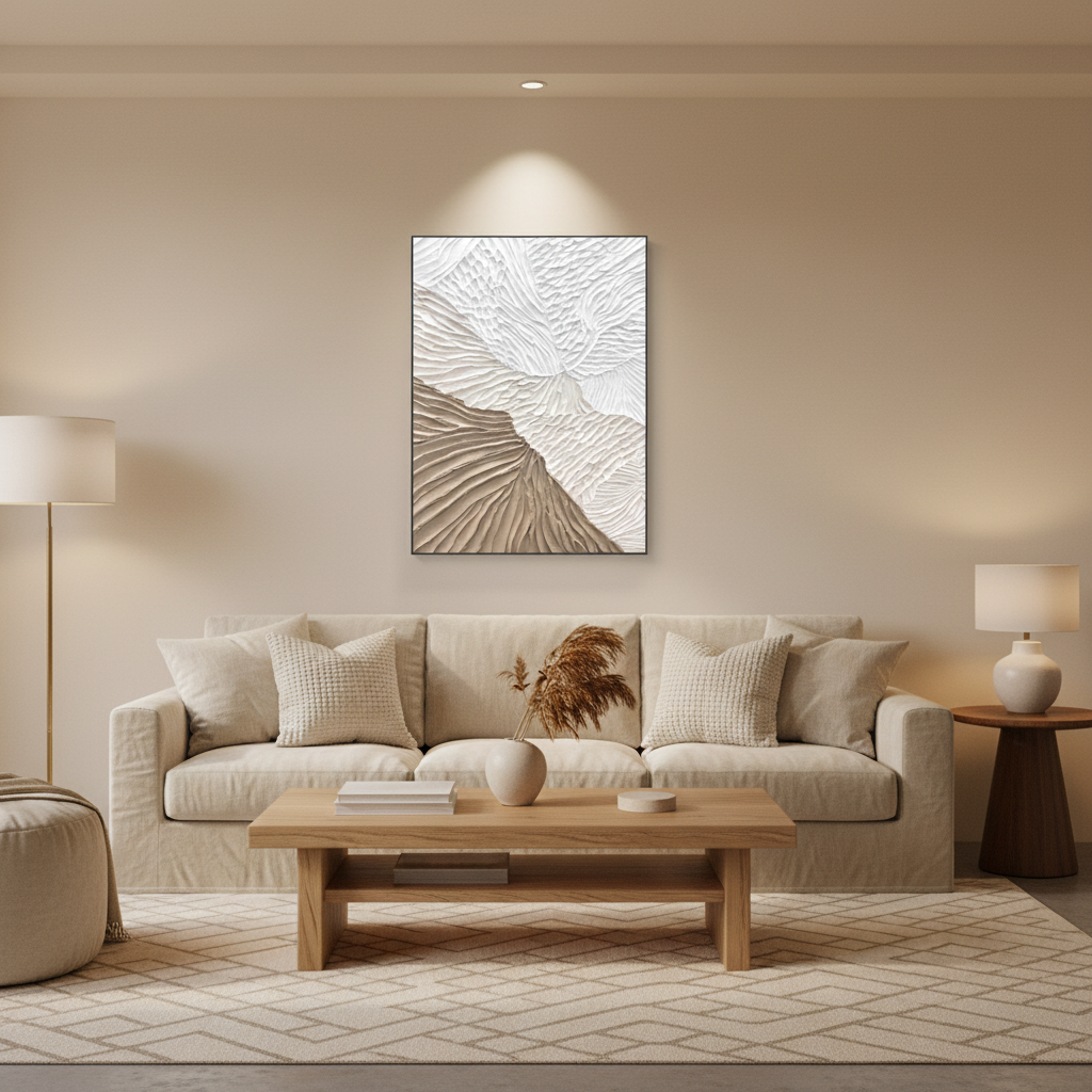 Abstract white sandy beige wave texture oil painting in a warm modern living room