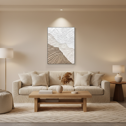 Abstract white sandy beige wave texture oil painting in a warm modern living room