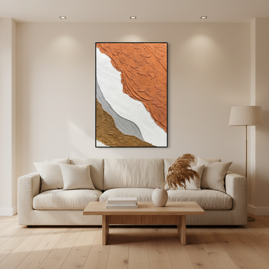Abstract burnt orange white oil painting in a warm modern living room