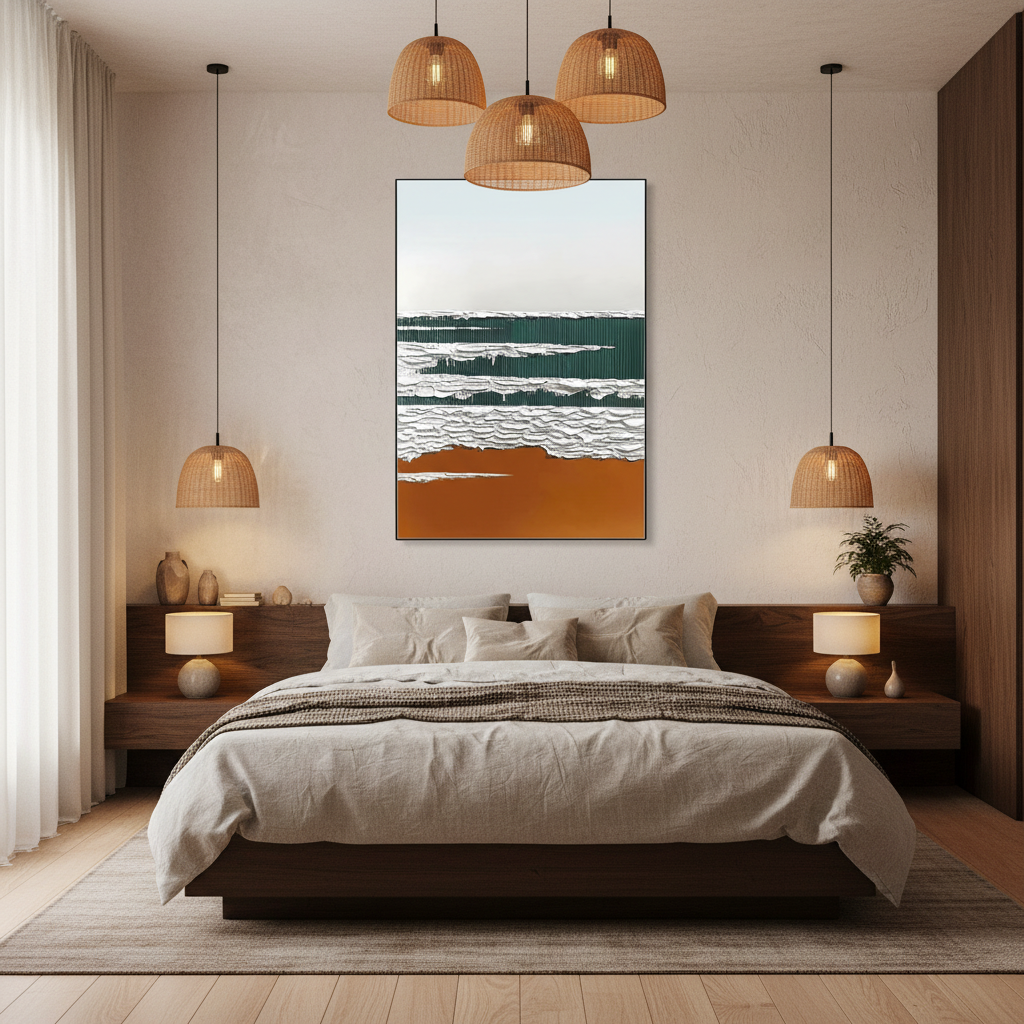 Abstract green white wave oil painting in a Japandi bedroom