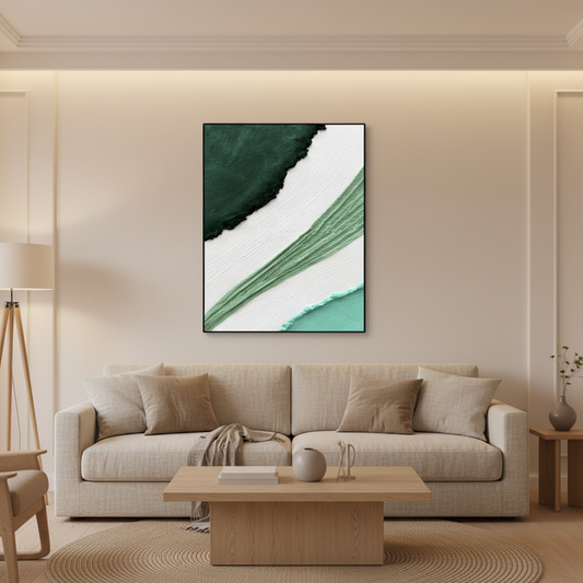 Abstract green sage mint arc oil painting in a warm modern living room