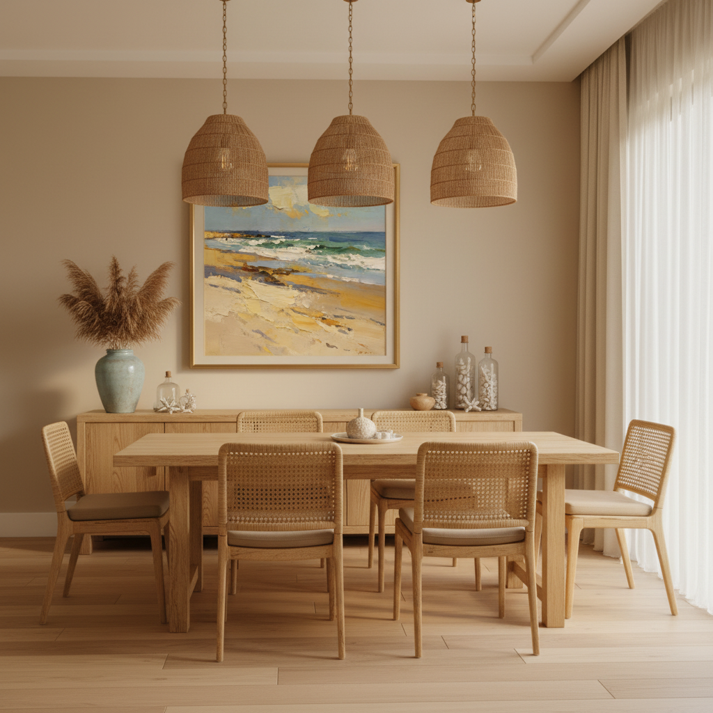 Beach seascape oil painting in a dining room
