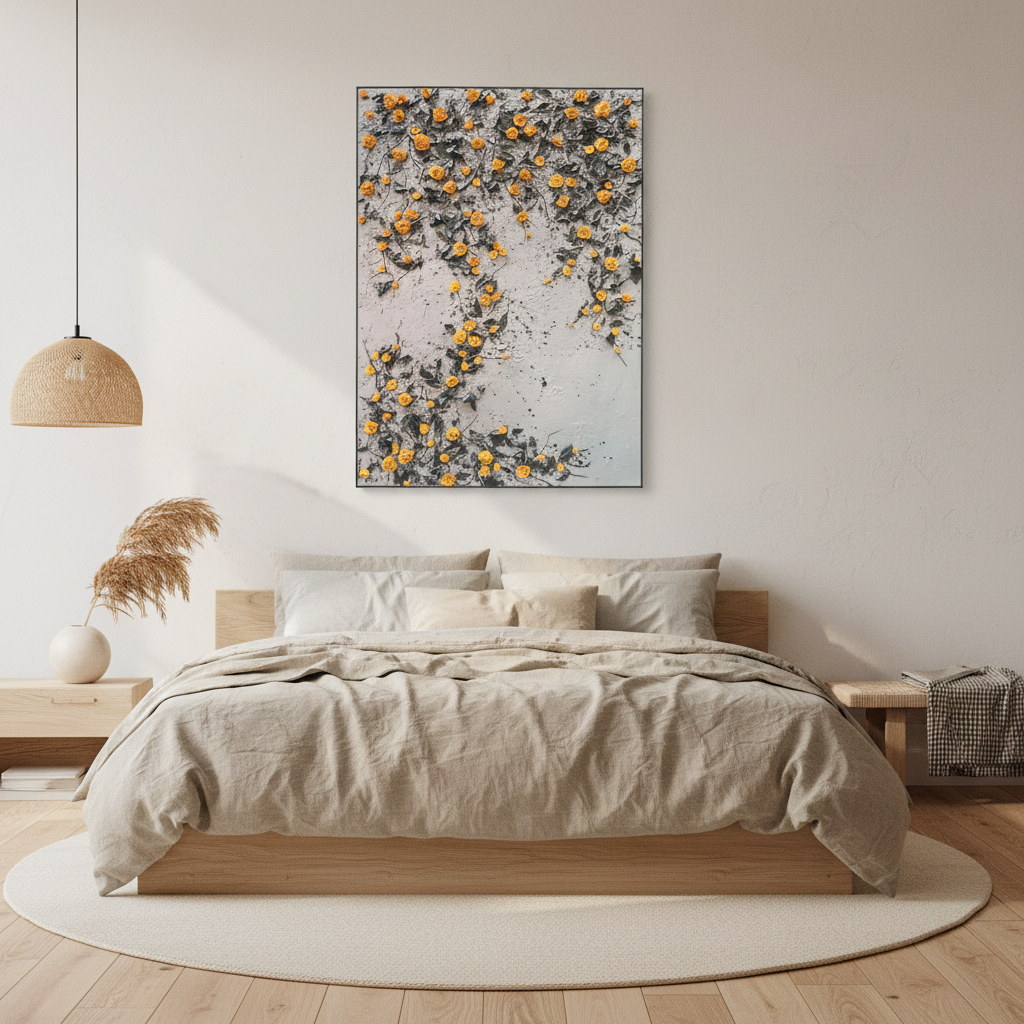 Orange yellow rose vine oil painting in a Japandi bedroom