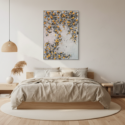 Orange yellow rose vine oil painting in a Japandi bedroom