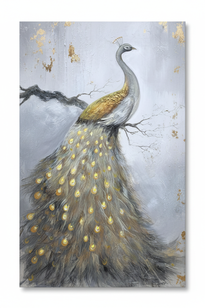 White silver gold peacock on branch impasto oil painting no frame white background
