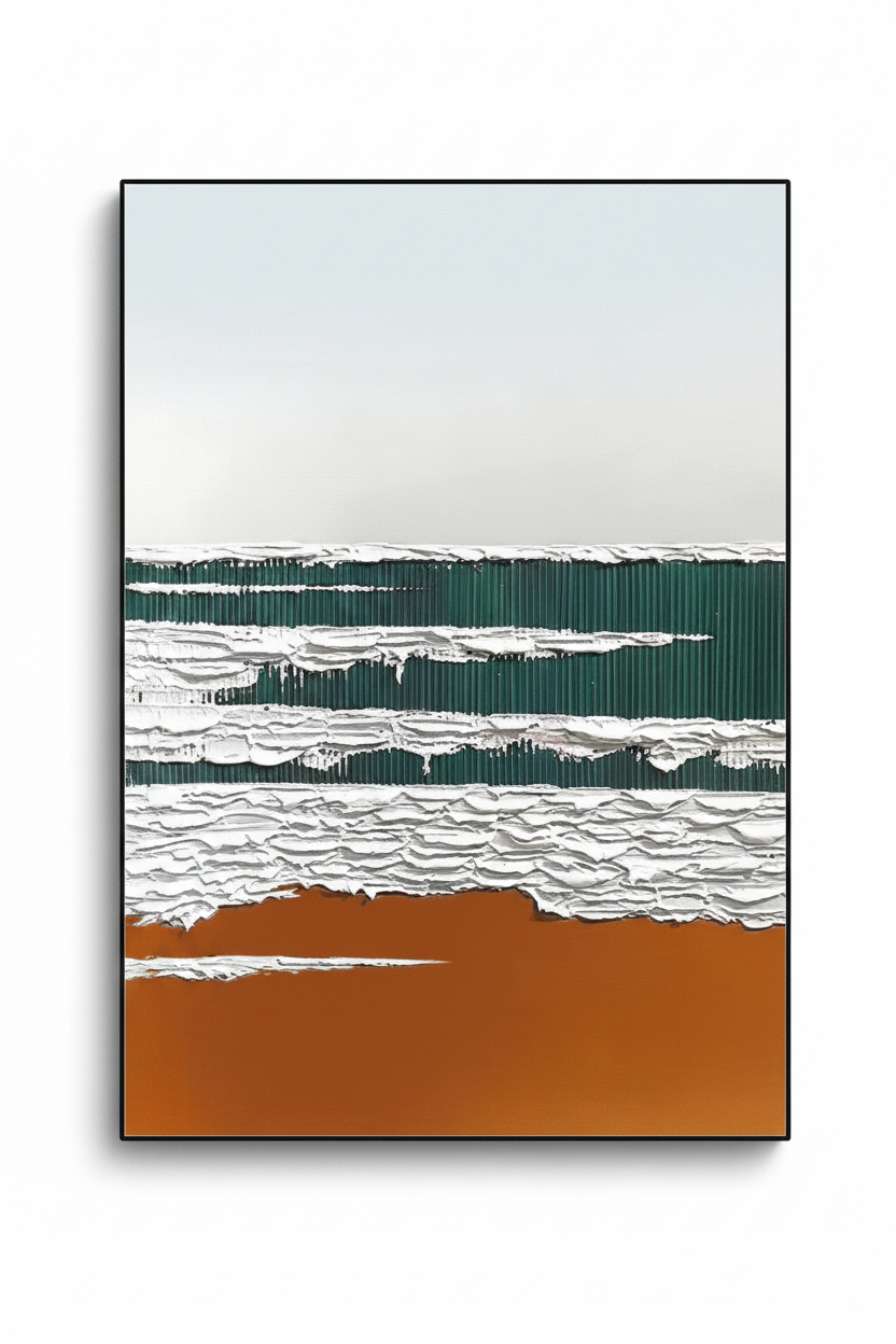 Abstract green white wave impasto oil painting no frame white background