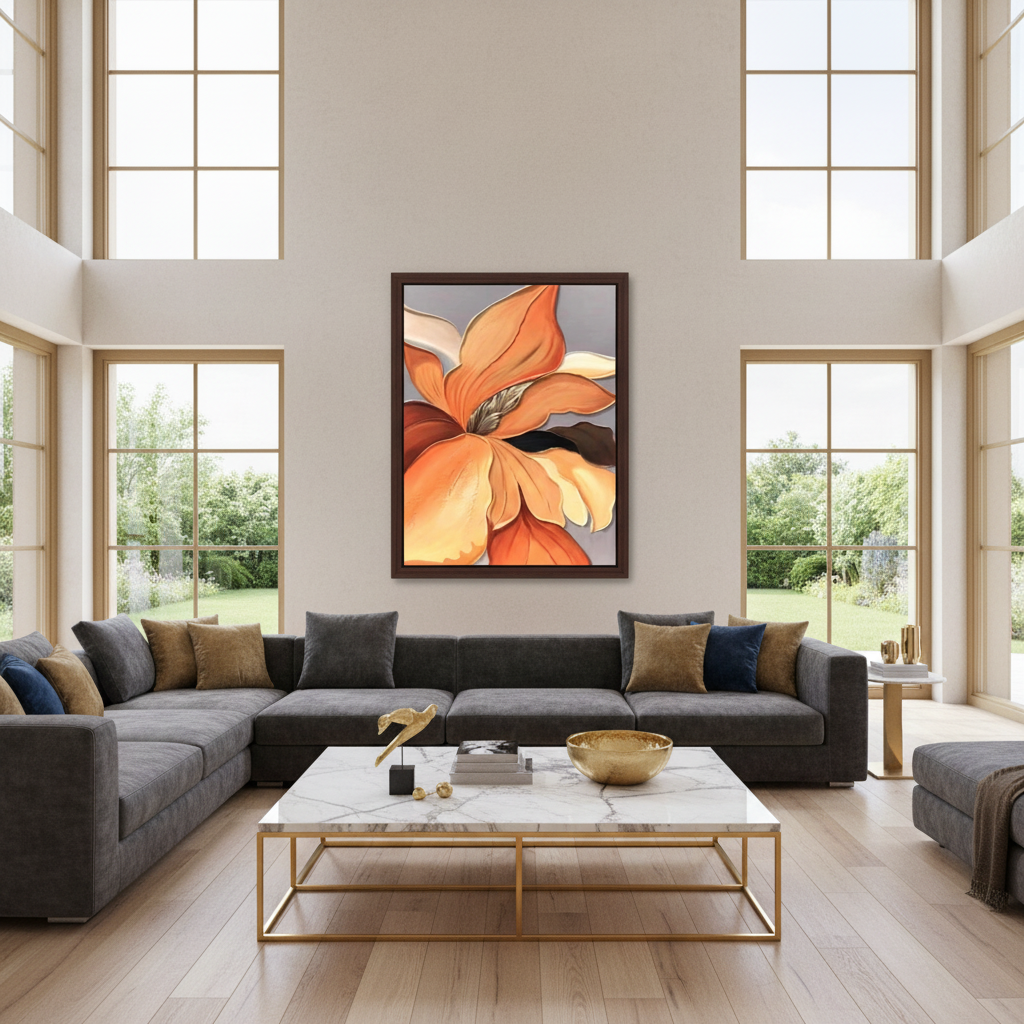 Orange iris flower oil painting in a luxury modern living room