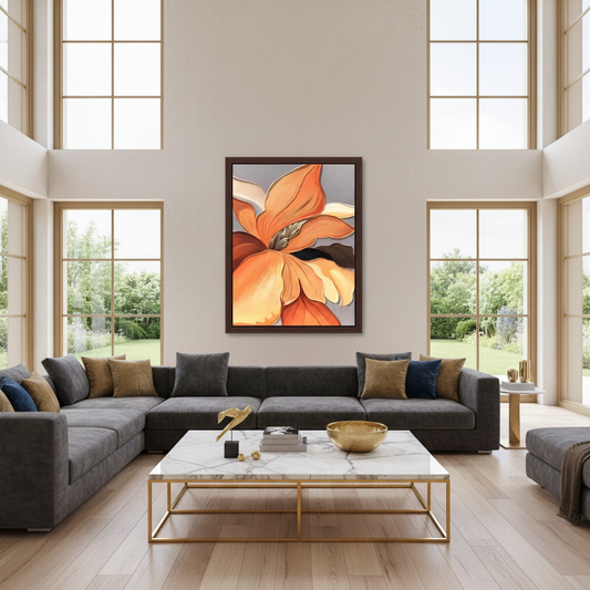 Orange iris flower oil painting in a luxury modern living room