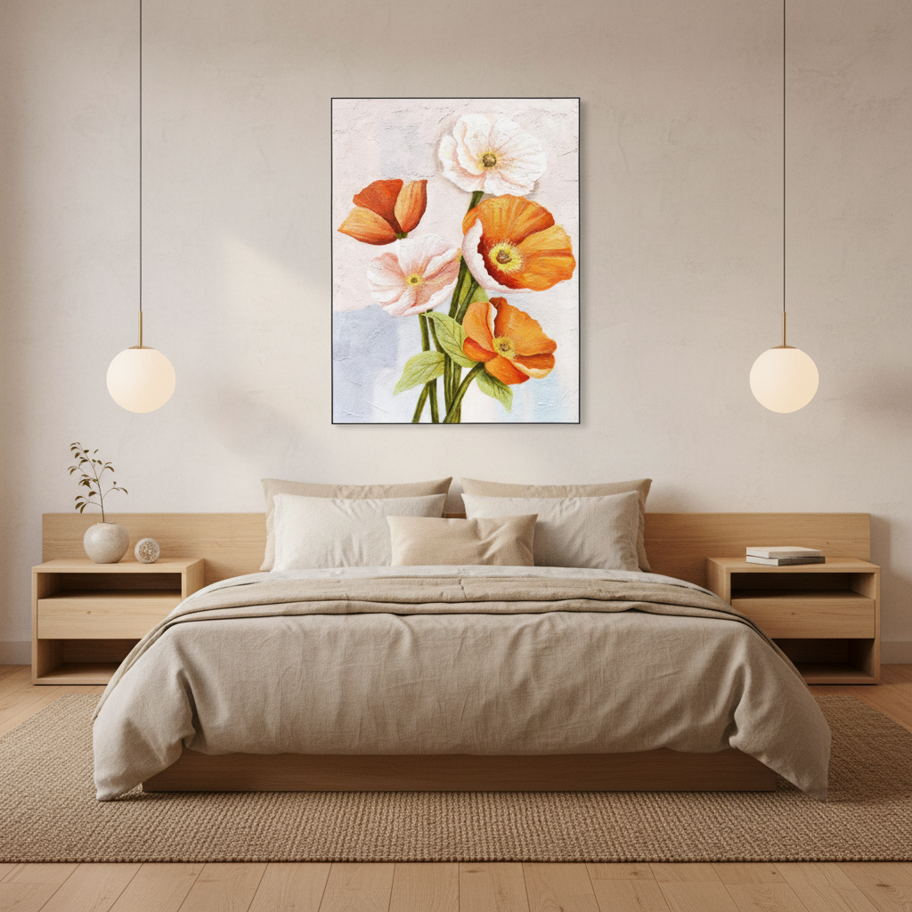 Orange white poppy bouquet oil painting in a Japandi bedroom