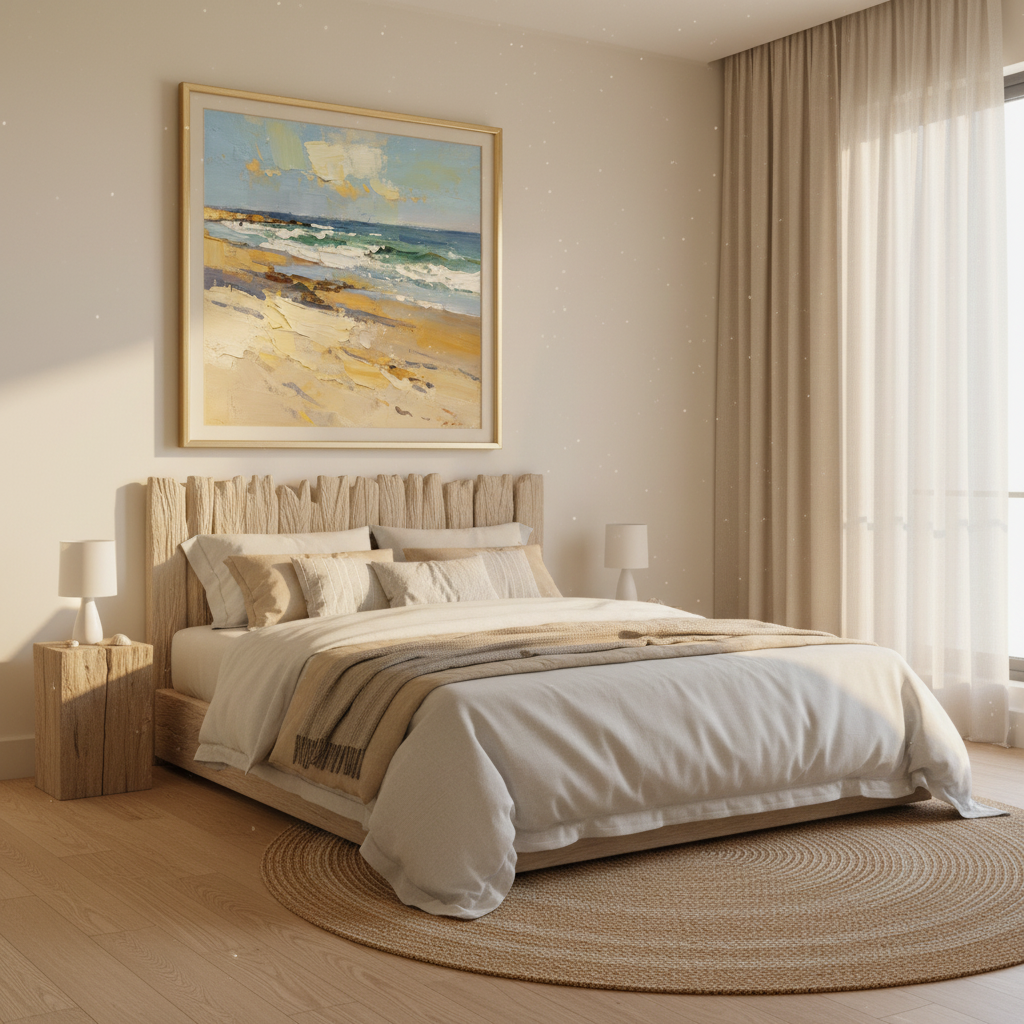 Beach seascape oil painting in a coastal bedroom