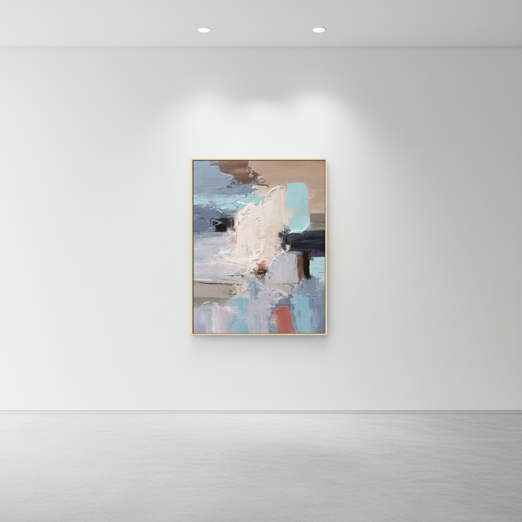 Abstract cream blue coral geometric oil painting in an art gallery