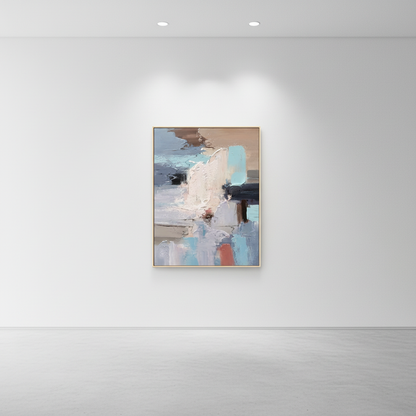 Abstract cream blue coral geometric oil painting in an art gallery