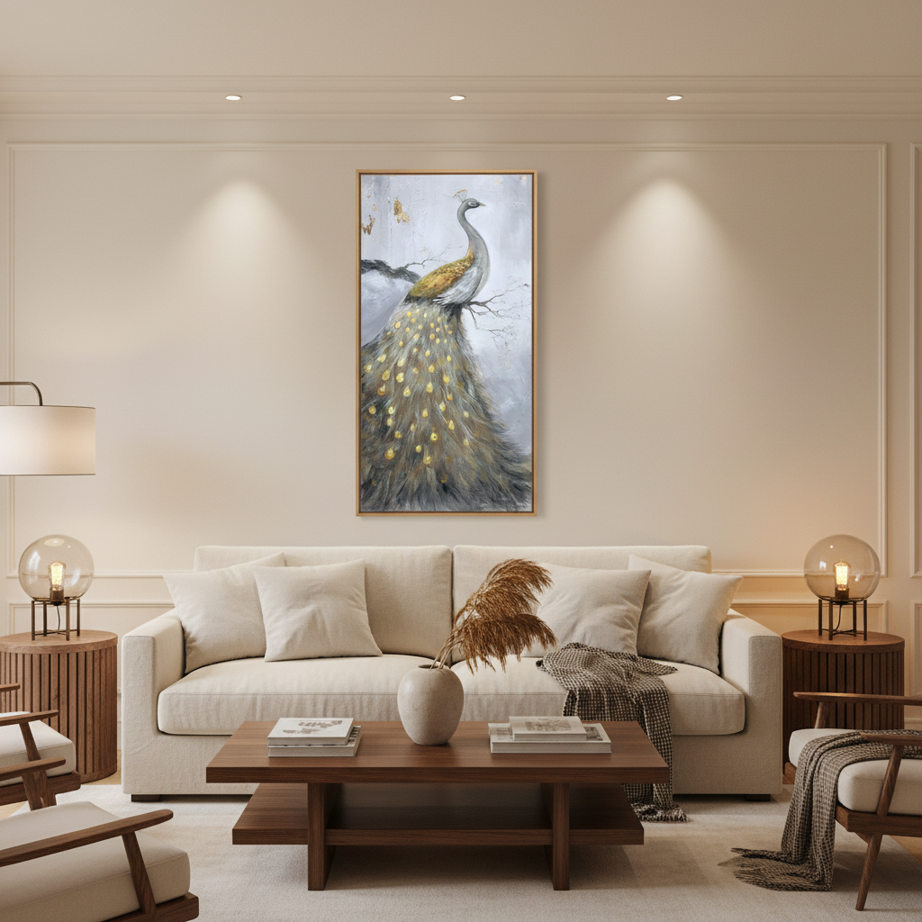 White silver gold peacock oil painting in a warm modern living room