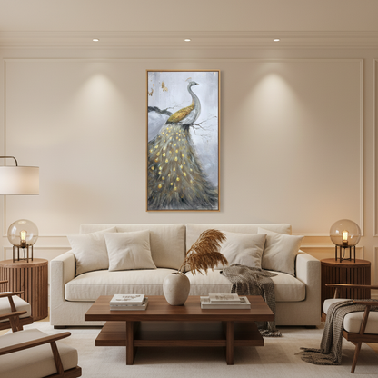 White silver gold peacock oil painting in a warm modern living room