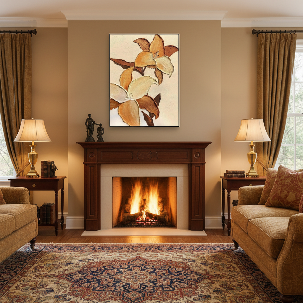 Caramel cream magnolia branch oil painting in a traditional warm living room