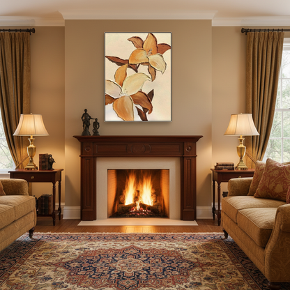 Caramel cream magnolia branch oil painting in a traditional warm living room