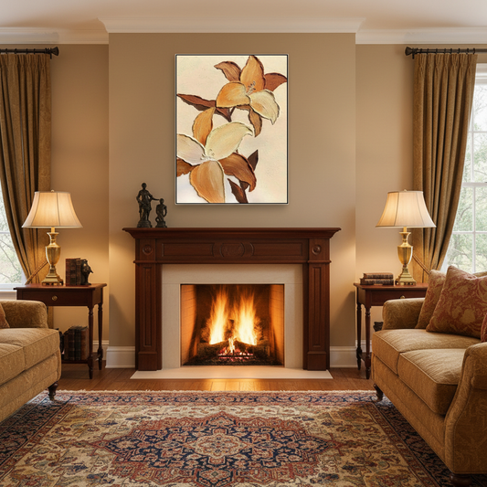 Caramel cream magnolia branch oil painting in a traditional warm living room