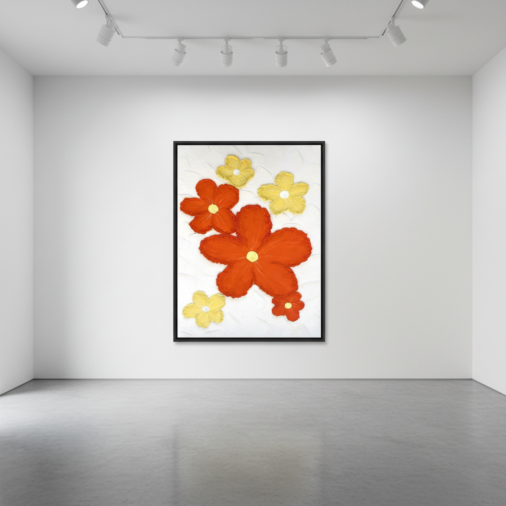 Red yellow bold flower scatter oil painting in an art gallery