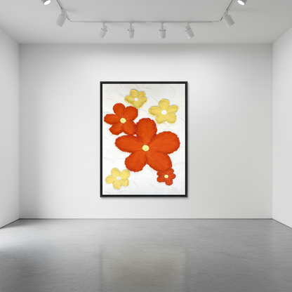 Red yellow bold flower scatter oil painting in an art gallery
