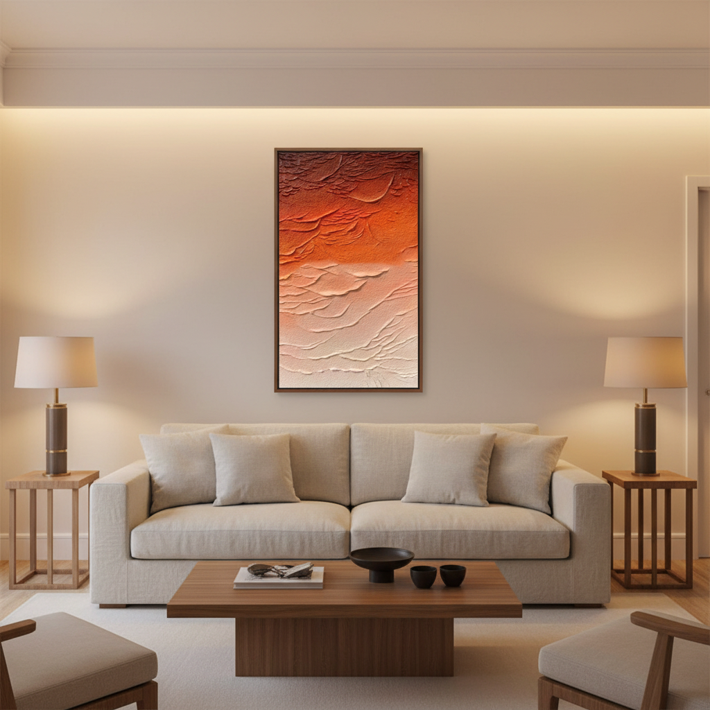 Abstract orange gradient oil painting in a warm modern living room