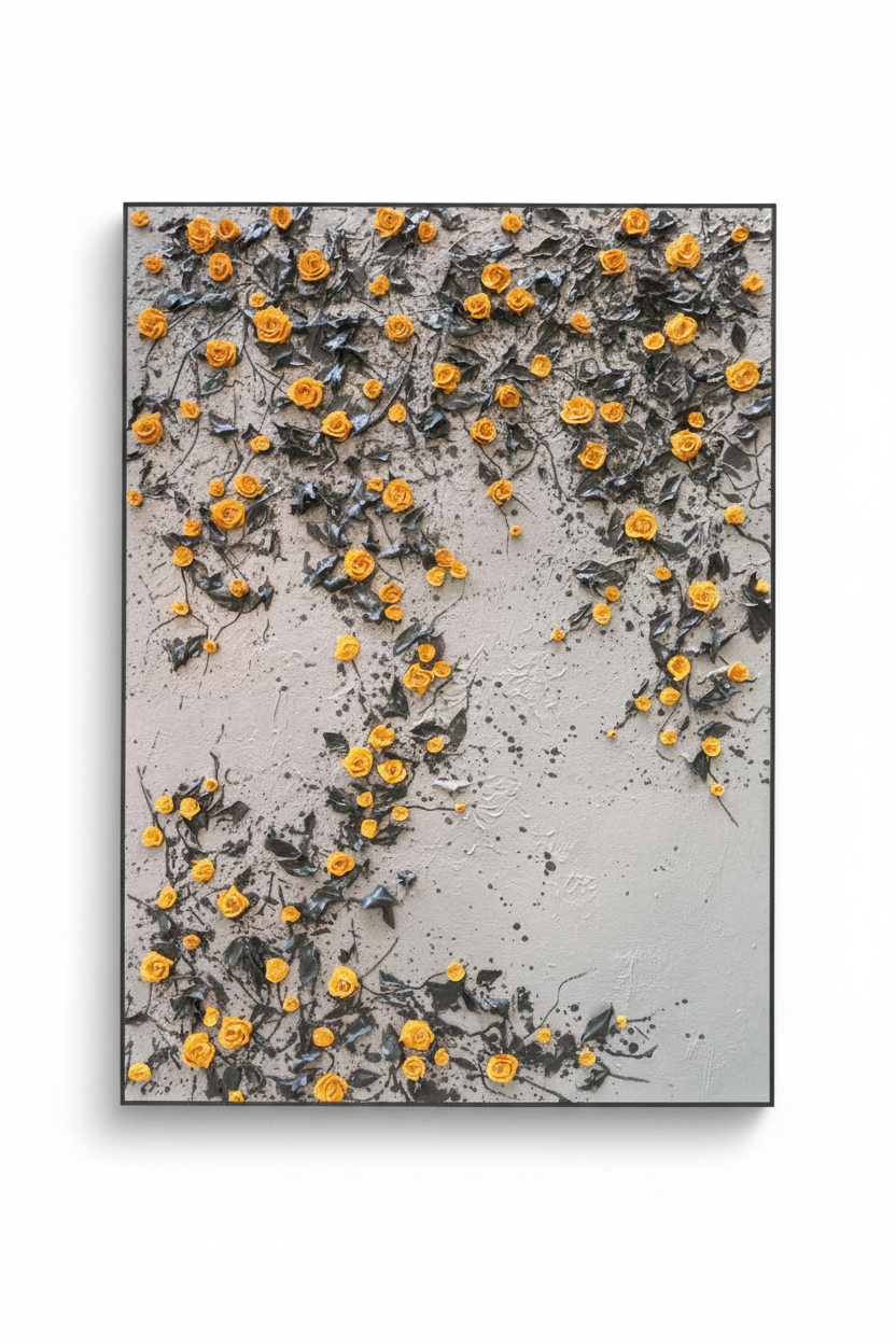 Orange yellow rose vine sculptural impasto oil painting no frame white background