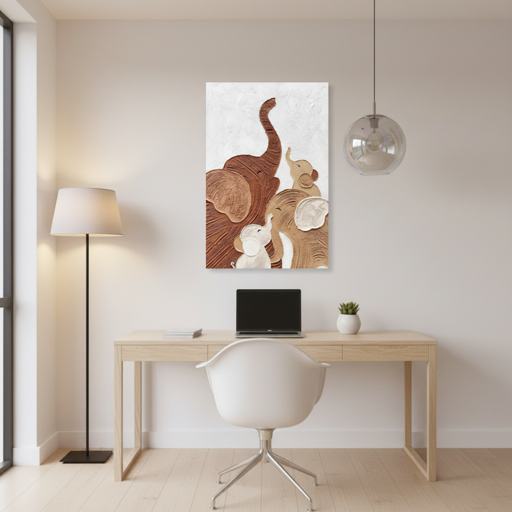 Three elephant family impasto oil painting in a contemporary home office