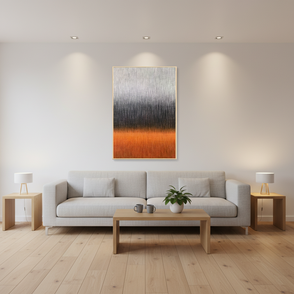 Abstract silver grey orange red storm fire oil painting in a Scandinavian living room