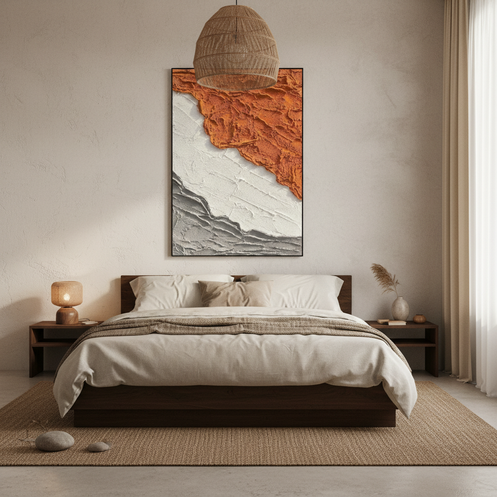 Abstract geological oil painting in a Japandi bedroom