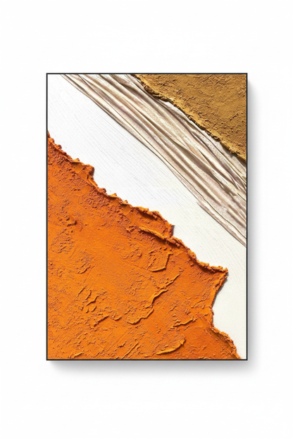 Abstract burnt orange white gold desert cut impasto oil painting no frame white background