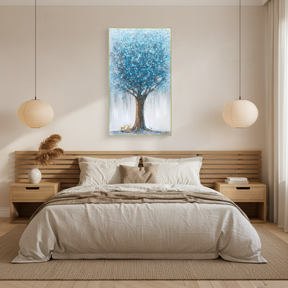 Fantasy blue teal crystal tree oil painting in a Japandi bedroom