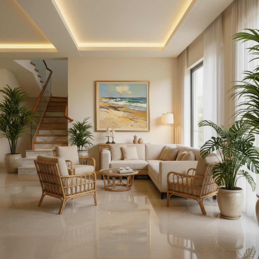 Beach seascape oil painting in a luxury hotel lobby