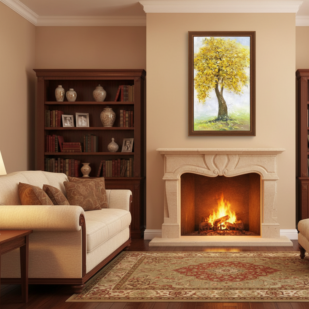 Golden yellow autumn tree oil painting in a traditional living room