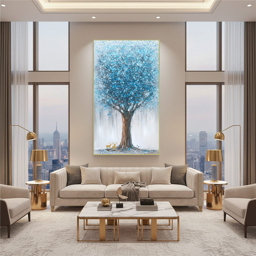 Fantasy blue teal crystal tree oil painting in a luxury modern living room