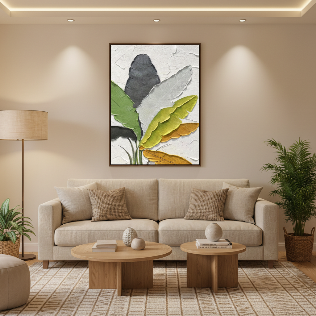 Multi-color tropical banana leaf oil painting in a warm modern living room