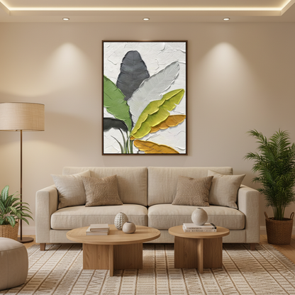 Multi-color tropical banana leaf oil painting in a warm modern living room